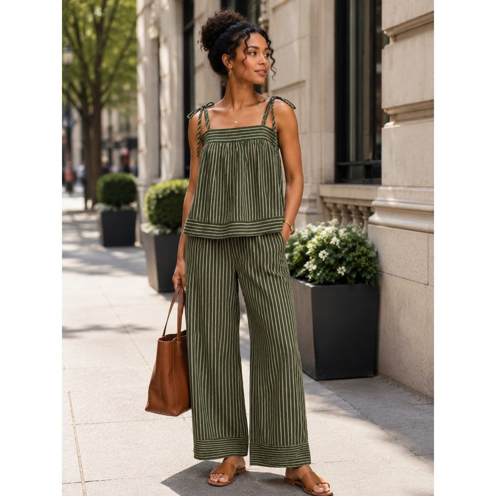 MIOU MUSE Striped Crop Top Size Medium And Wide Leg Pants Size Small Olive Green
